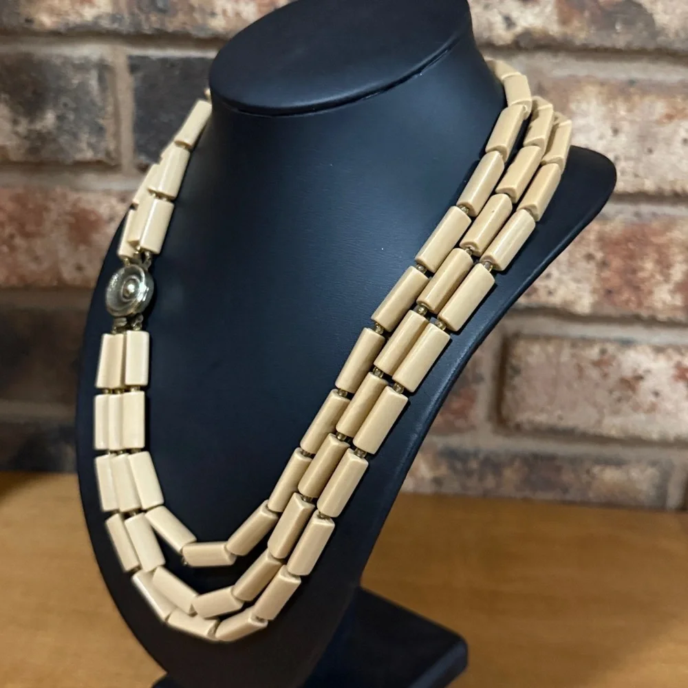Mid Century Western Germany triple strand Carmel beaded gold tone clasp necklace